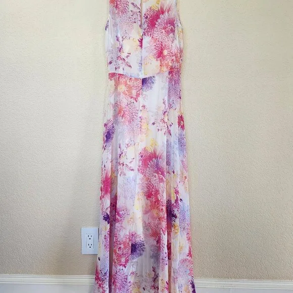 Calvin Klein Dress Sleeveless V-Neck Pink Floral Lined Chiffon Hi Lo Midi Sz 2 - Picture 7 of 10